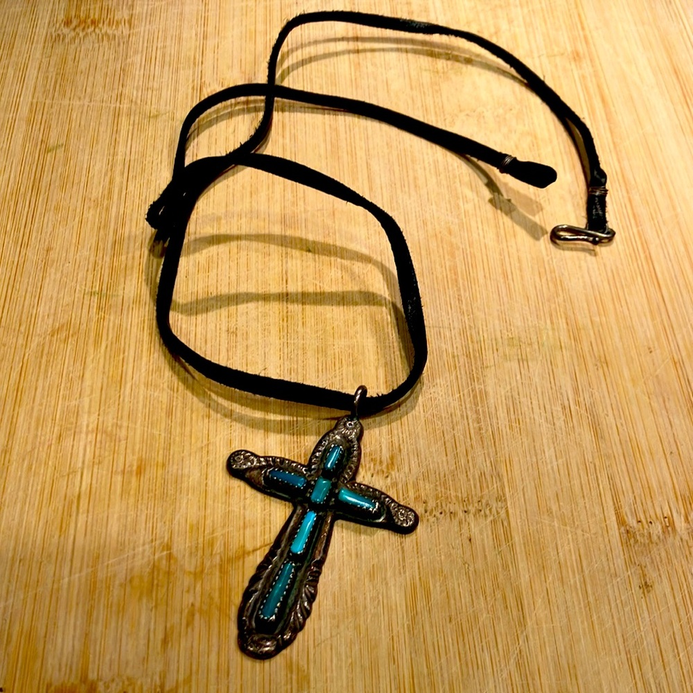 Sterling Silver and Turquoise Zuni Cross Necklace Leather Strap